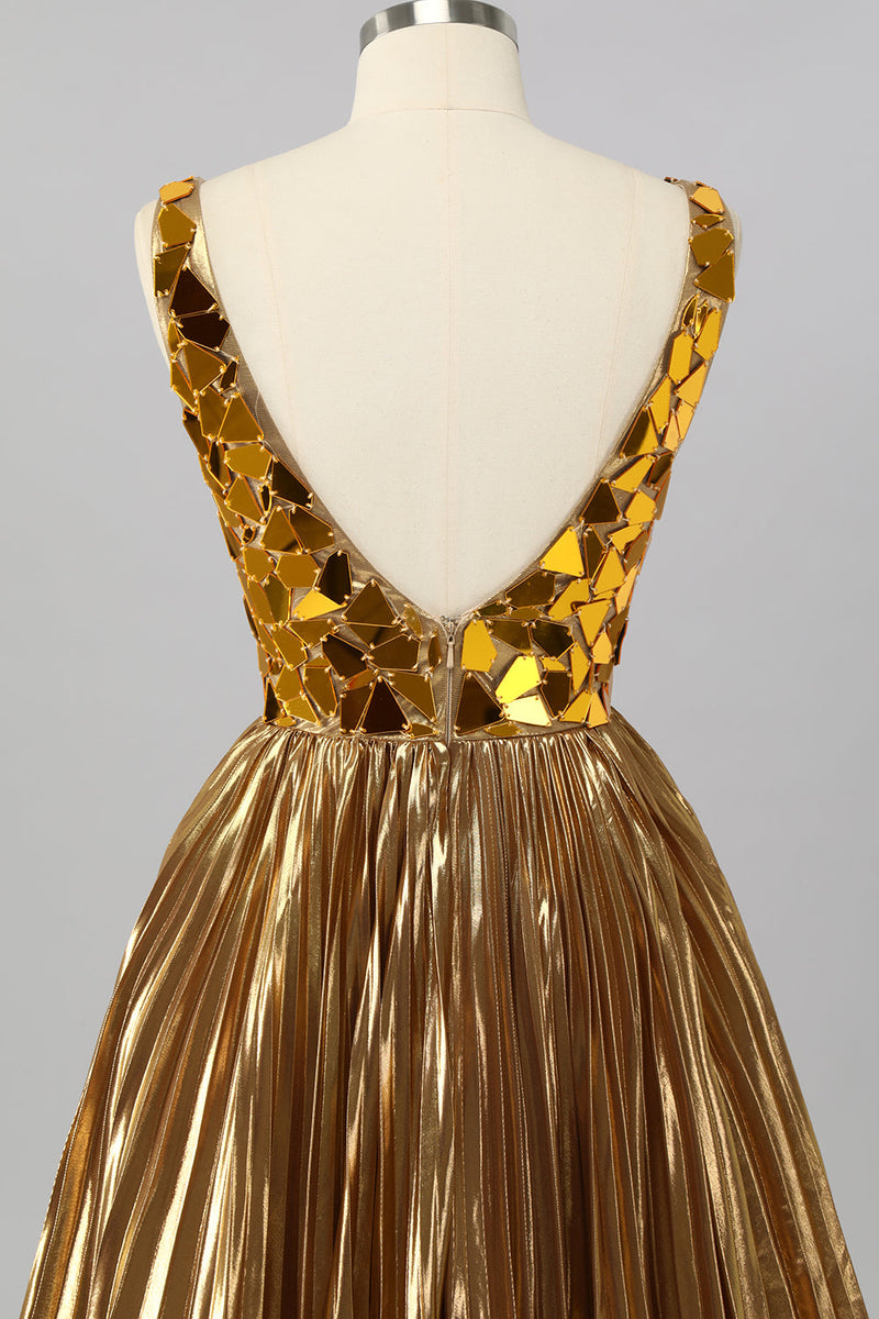 Load image into Gallery viewer, Sparkly Golden Mirror A Line Metallic Short Prom Dress