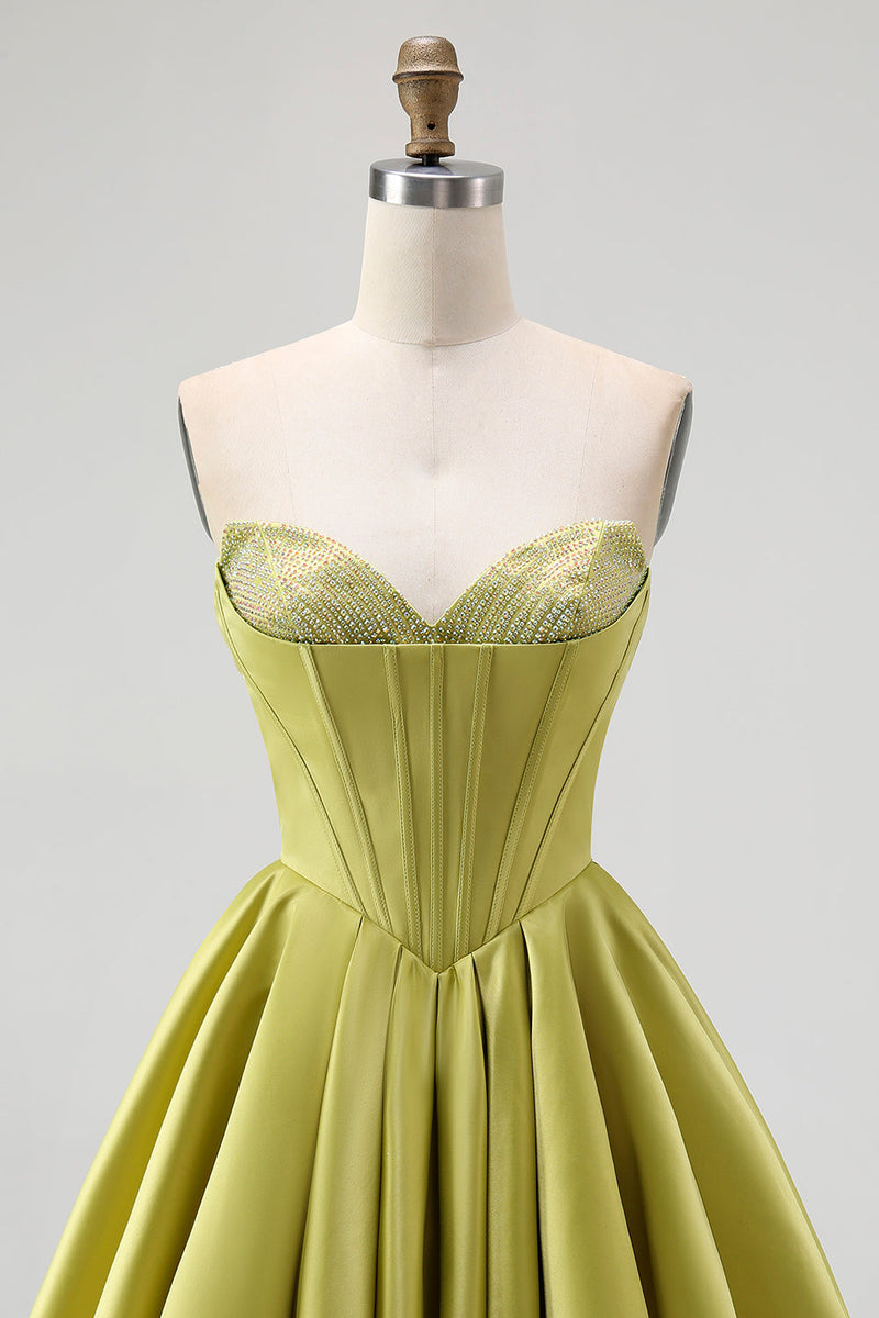 Load image into Gallery viewer, Sparkly Green Satin Sweetheart A-Line Short Prom Dress with Beading