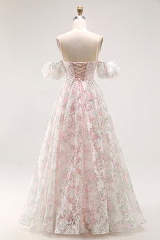 Blush Floral Detachable Sleeves A Line Long Prom Dress