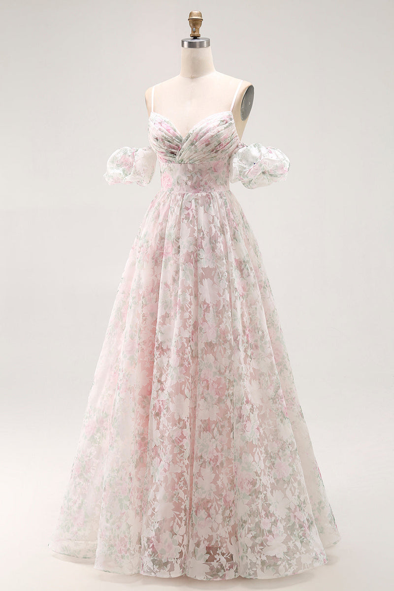 Load image into Gallery viewer, Blush Floral Detachable Sleeves A Line Long Prom Dress