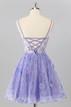 Sparkly Purple A Line Floral Short Corset Prom Dress