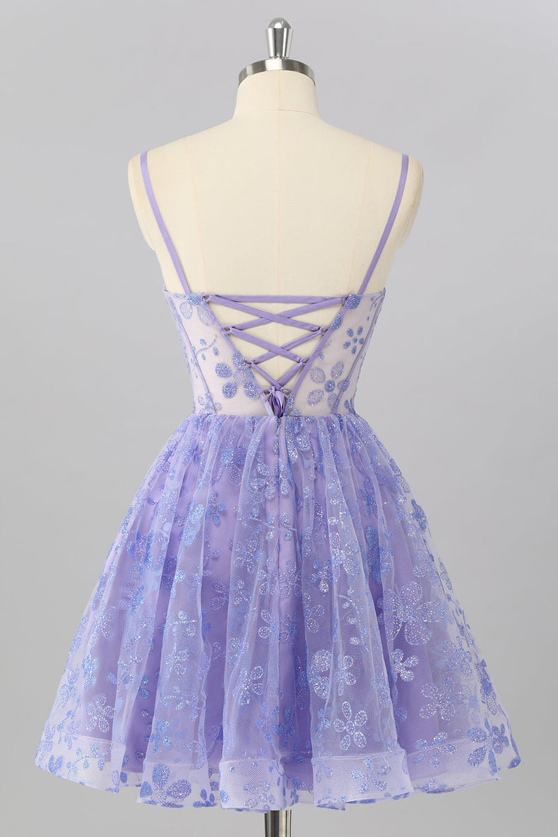 Load image into Gallery viewer, Sparkly Purple A Line Floral Short Corset Prom Dress