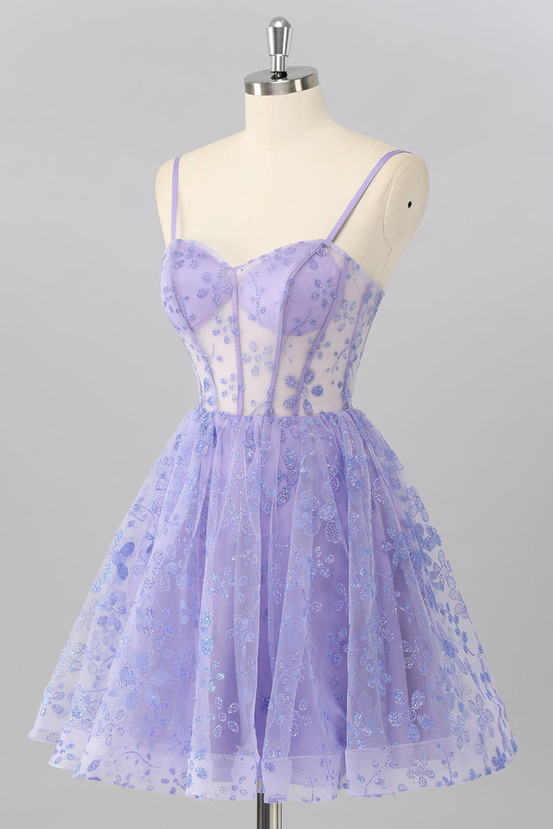 Load image into Gallery viewer, Sparkly Purple A Line Floral Short Corset Prom Dress