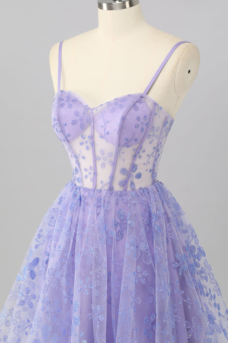Load image into Gallery viewer, Sparkly Purple A Line Floral Short Corset Prom Dress