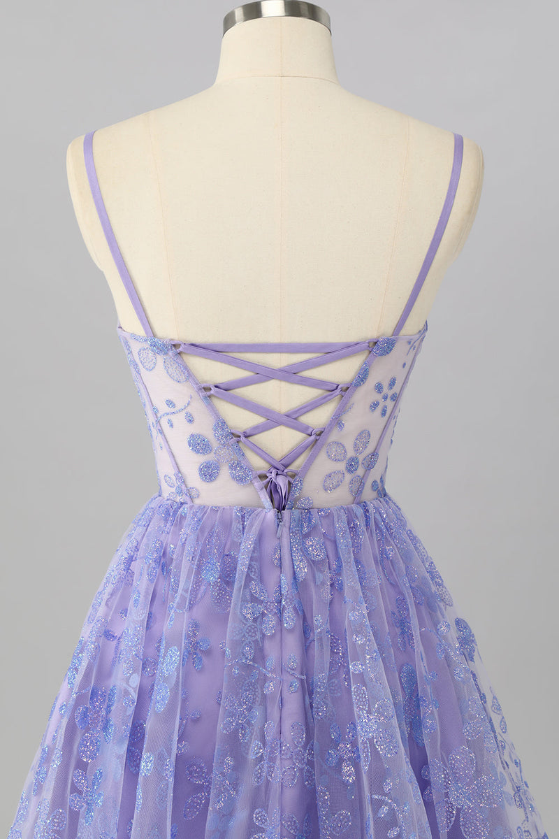 Load image into Gallery viewer, Sparkly Purple A Line Floral Short Corset Prom Dress
