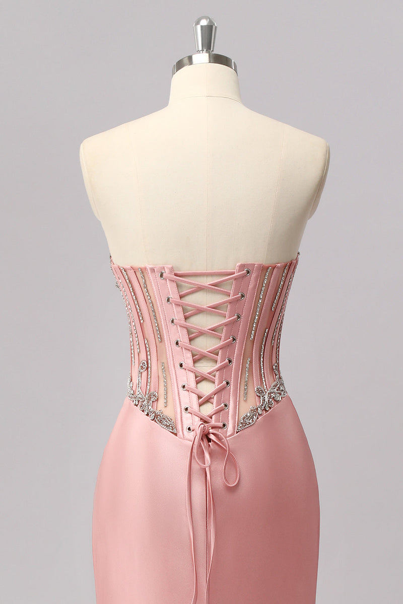Load image into Gallery viewer, Sparkly Blush Corset Strapless Mermaid Long Prom Dress with Slit