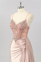 Load image into Gallery viewer, Sparkly Blush Beaded Mermaid Long Corset Prom Dress with Slit