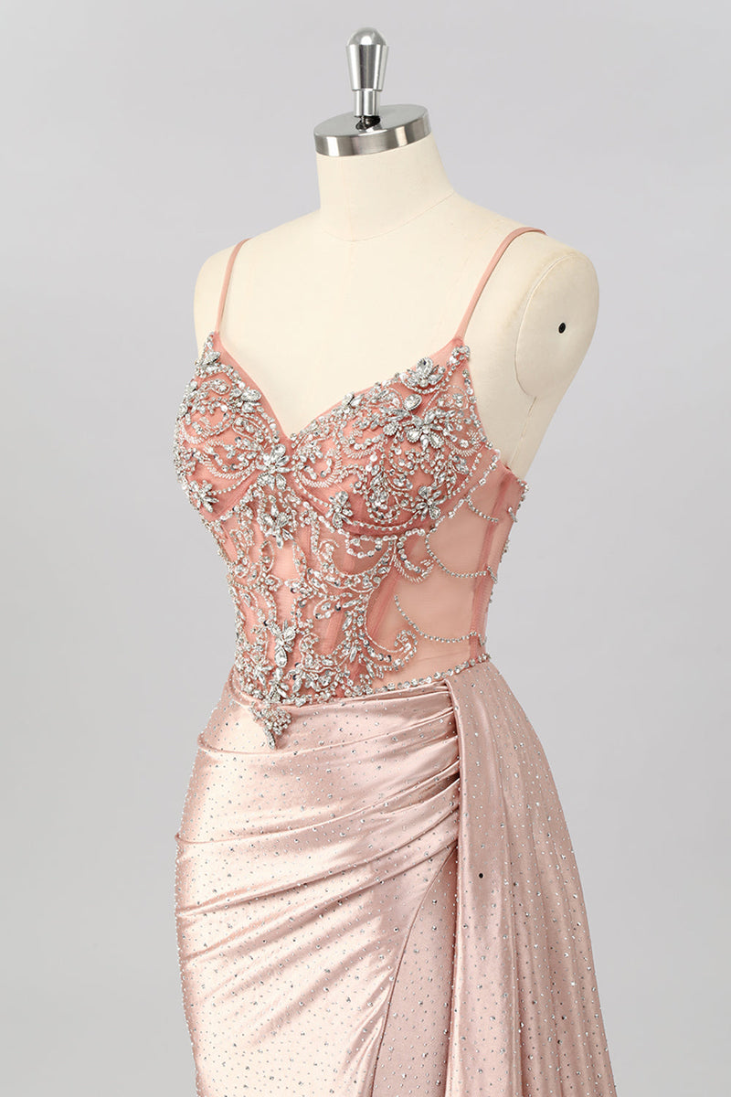 Load image into Gallery viewer, Sparkly Blush Beaded Mermaid Long Corset Prom Dress with Slit