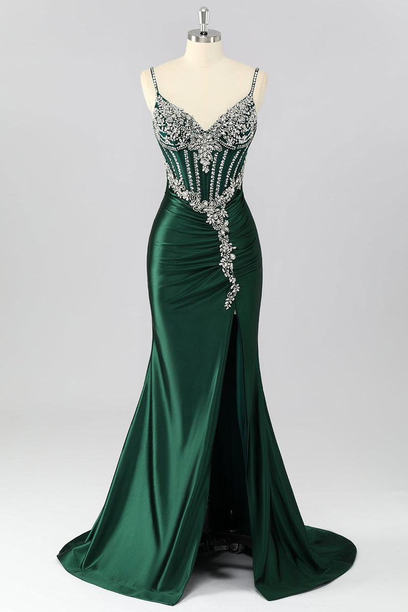 Load image into Gallery viewer, Sparkly Dark Green Mermaid Long Corset Prom Dress with Beading