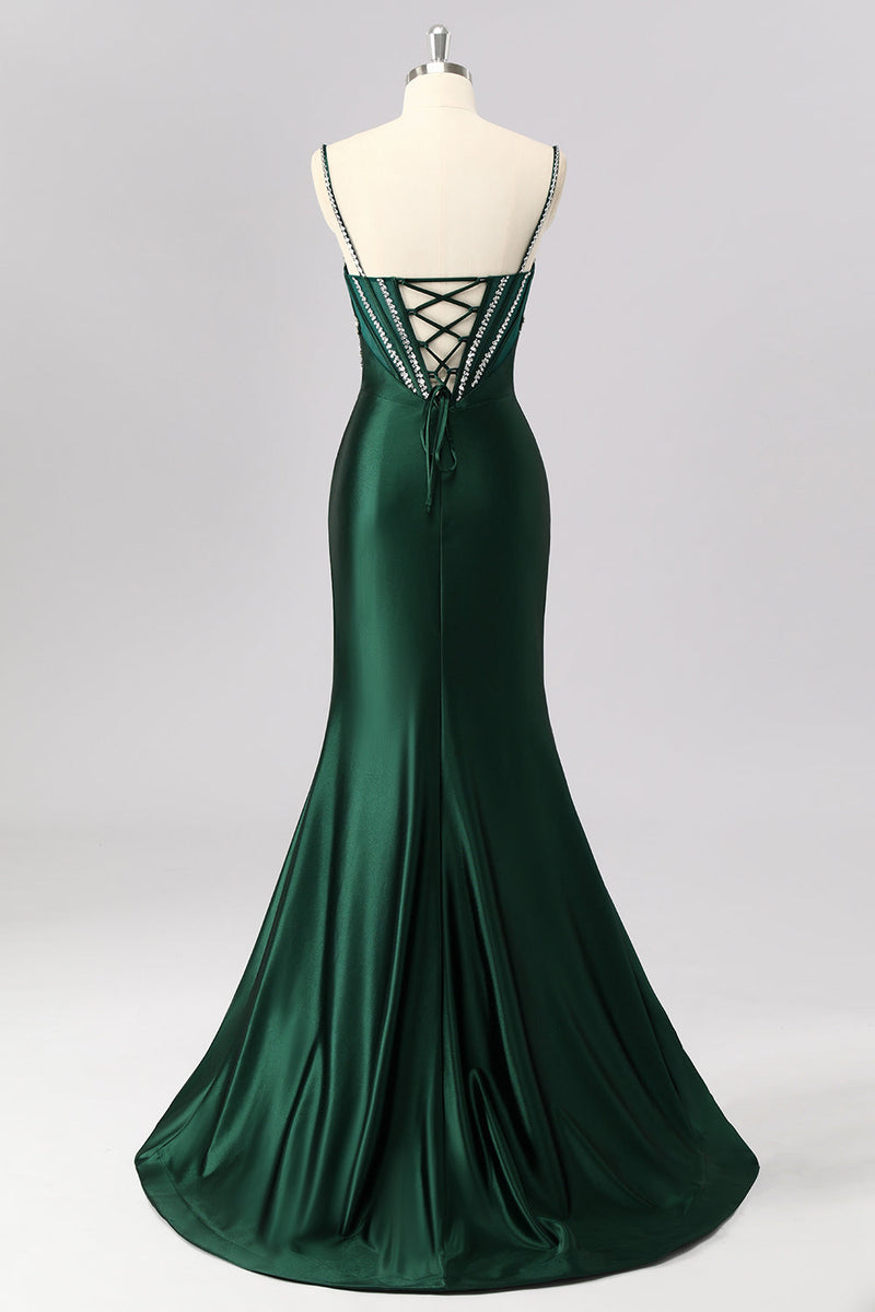 Load image into Gallery viewer, Sparkly Dark Green Mermaid Long Corset Prom Dress with Beading