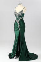 Load image into Gallery viewer, Sparkly Dark Green Mermaid Long Corset Prom Dress with Beading