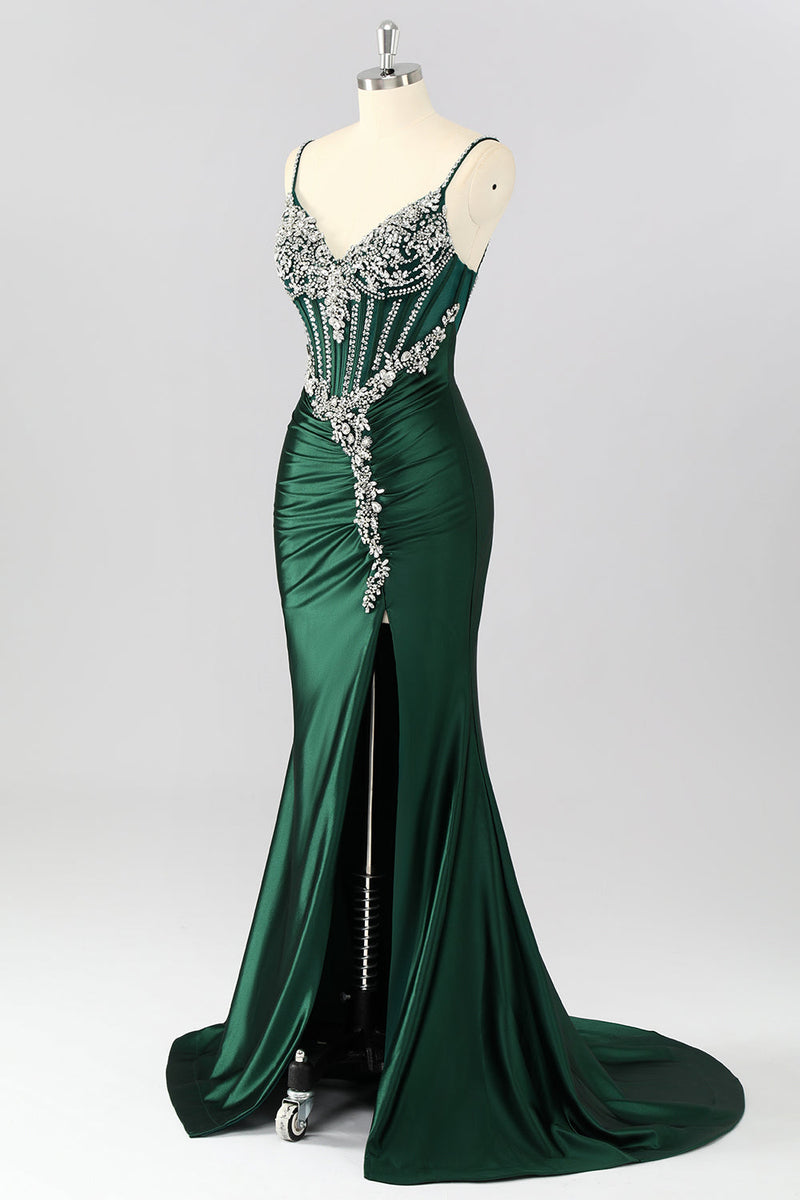 Load image into Gallery viewer, Sparkly Dark Green Mermaid Long Corset Prom Dress with Beading