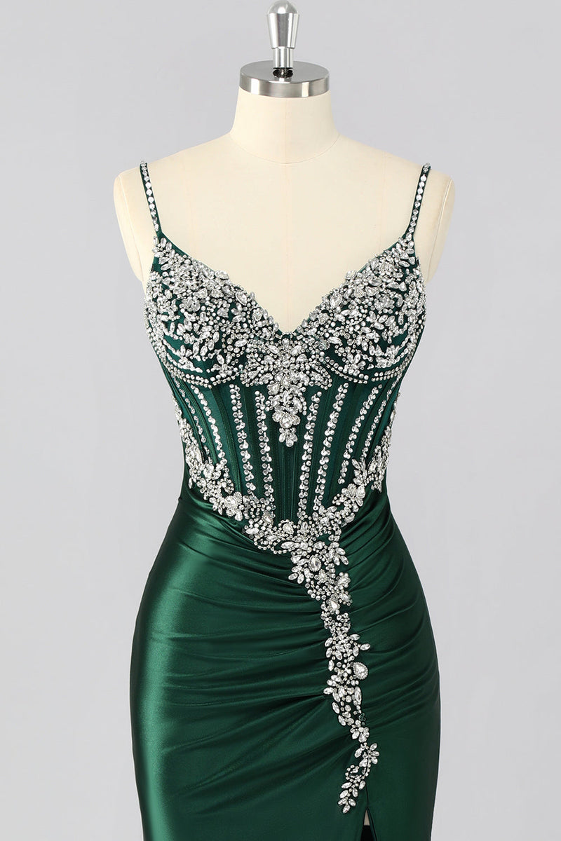 Load image into Gallery viewer, Sparkly Dark Green Mermaid Long Corset Prom Dress with Beading