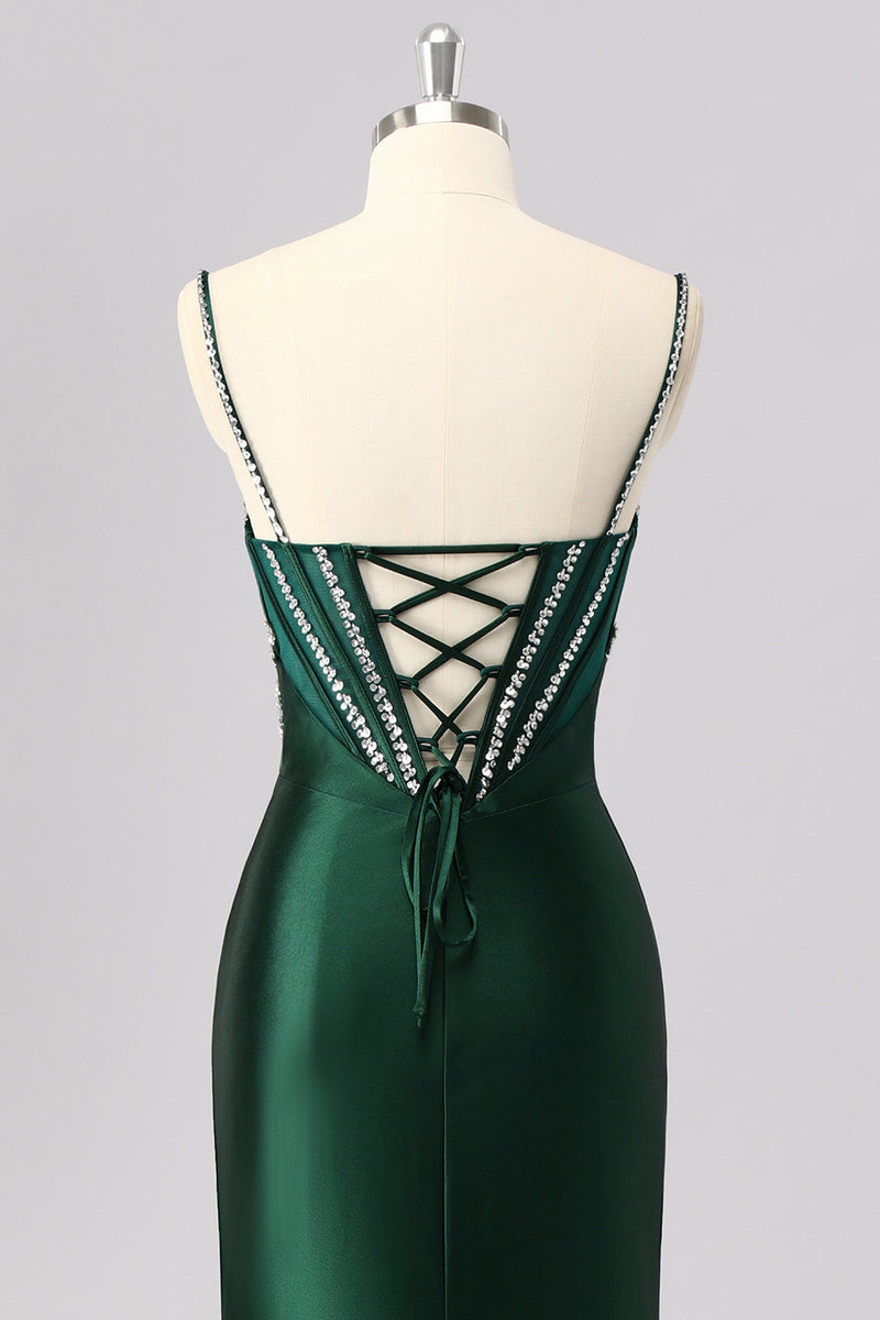 Load image into Gallery viewer, Sparkly Dark Green Mermaid Long Corset Prom Dress with Beading
