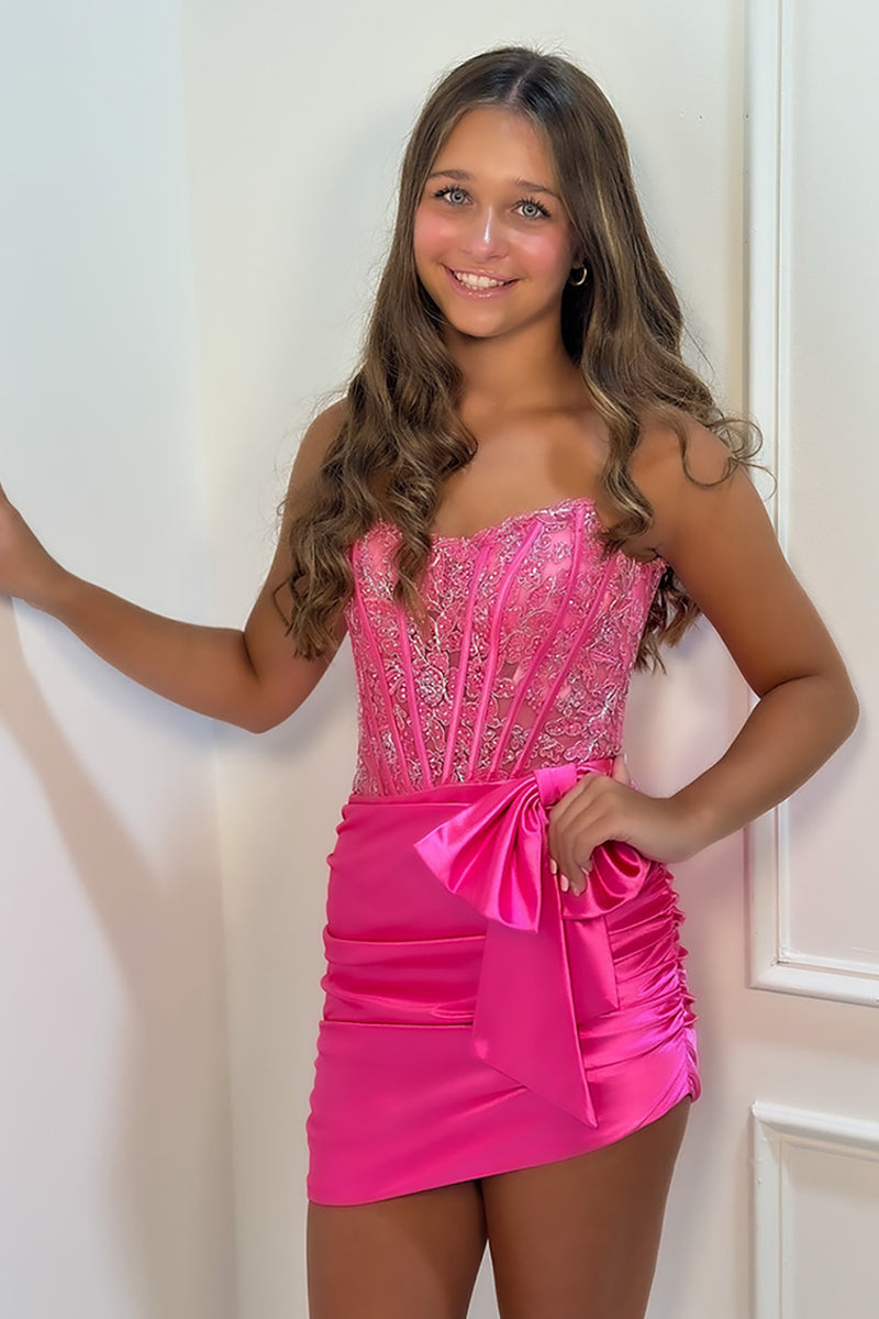 Load image into Gallery viewer, Sparkly Fuchsia Satin Strapless Tight Short Corset Prom Dress with Lace