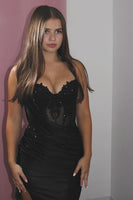 Load image into Gallery viewer, Black Sweetheart Satin Short Tight Corset Prom Dress with Appliques