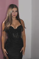 Load image into Gallery viewer, Black Sweetheart Satin Short Tight Corset Prom Dress with Appliques