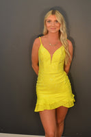 Load image into Gallery viewer, Sparkly Yellow Spaghetti Straps Short Tight Prom Dress with Beading