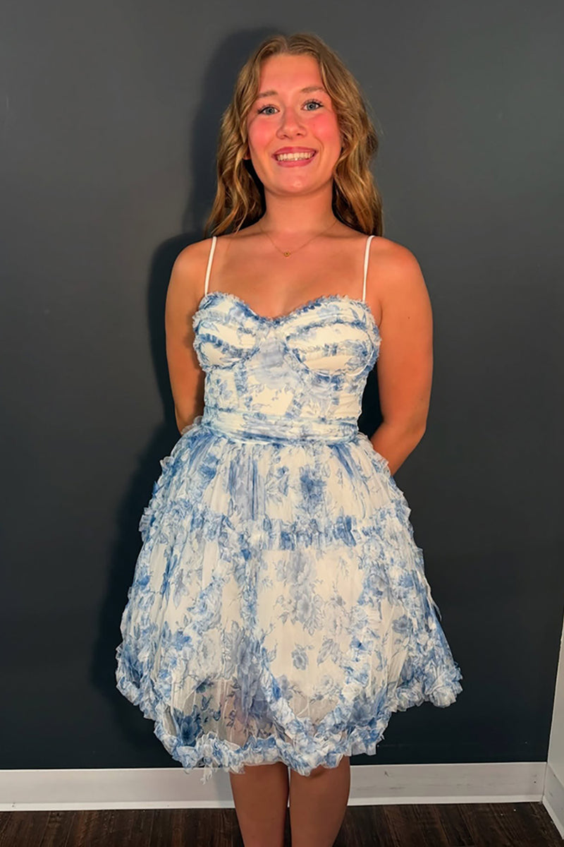 Load image into Gallery viewer, Blue Floral A-Line Spaghetti Straps Short Prom Dress with Ruffles