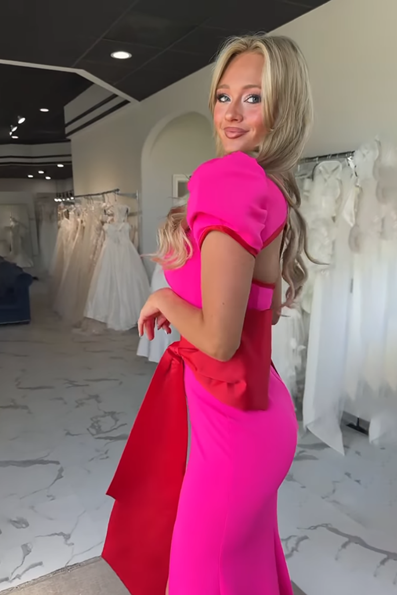 Load image into Gallery viewer, Fuchsia Mermaid Square Neck Puff Sleeves Long Prom Dress with Bow