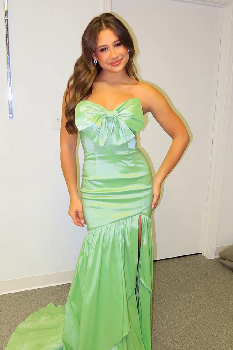 Load image into Gallery viewer, Green Mermaid Strapless Satin Long Prom Dress with Bow