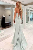 Load image into Gallery viewer, Sage Green Satin Cut Out Strapless Mermaid Long Prom Dress with Slit