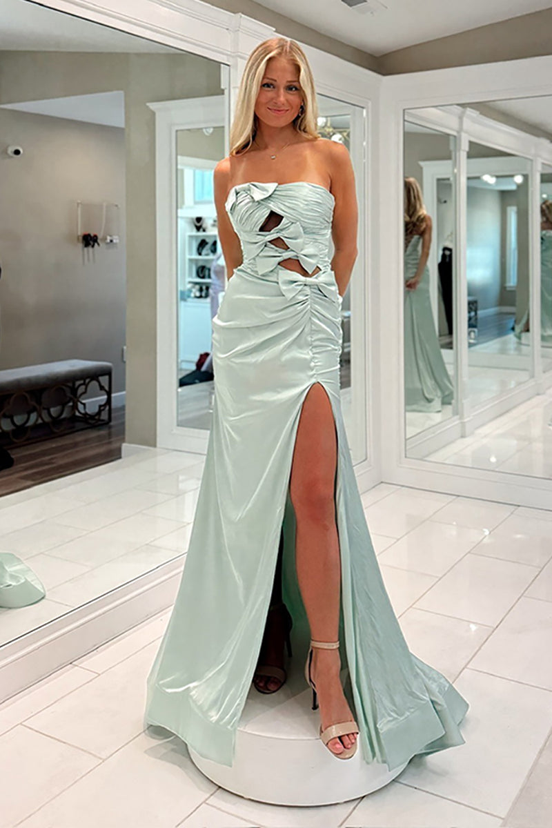 Load image into Gallery viewer, Sage Green Satin Cut Out Strapless Mermaid Long Prom Dress with Slit