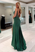 Load image into Gallery viewer, Sparkly Dark Green Spaghetti Straps Mermaid Long Corset Prom Dress with Beading