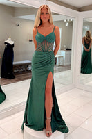 Load image into Gallery viewer, Sparkly Dark Green Spaghetti Straps Mermaid Long Corset Prom Dress with Beading