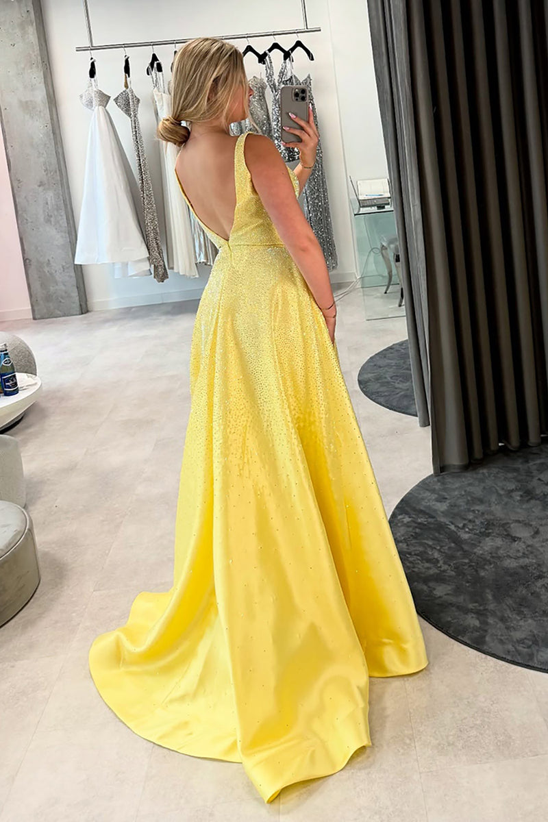 Load image into Gallery viewer, Sparkly Yellow Satin V-Neck A-Line Long Prom Dress with Beading