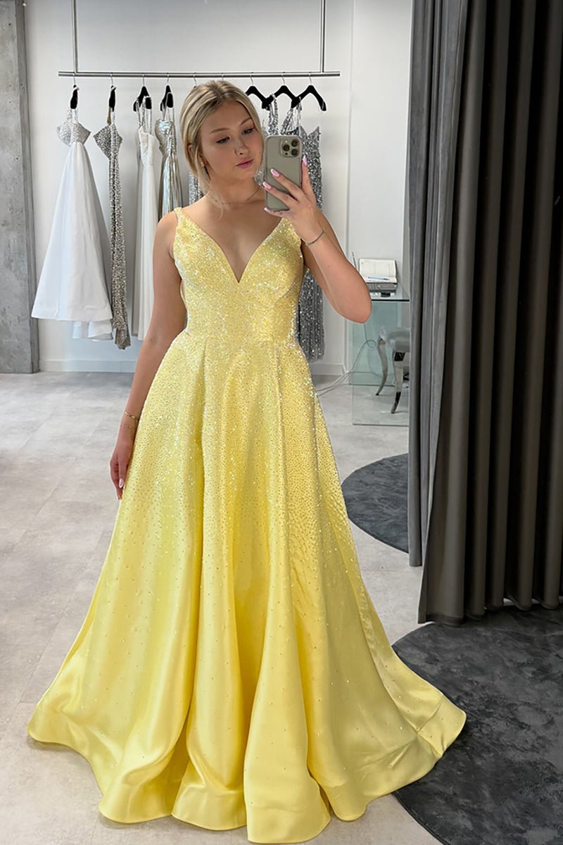 Load image into Gallery viewer, Sparkly Yellow Satin V-Neck A-Line Long Prom Dress with Beading