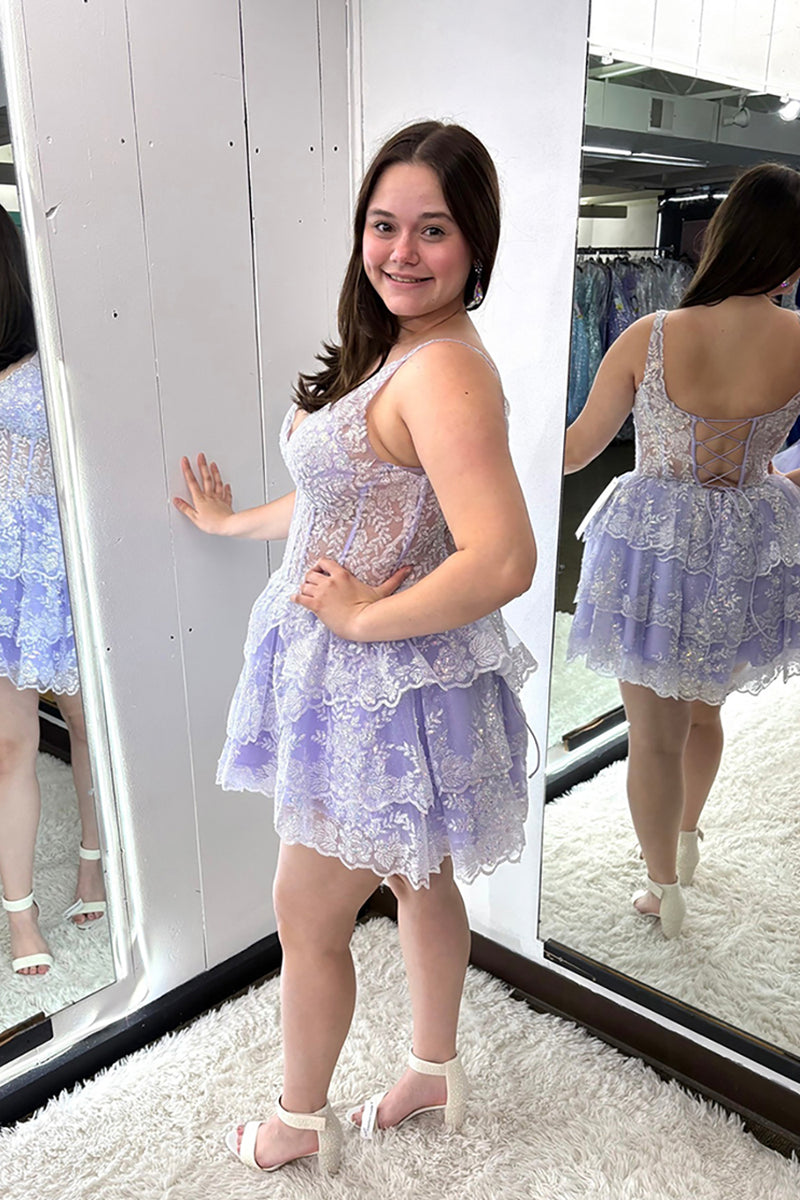 Load image into Gallery viewer, Lilac Thick Straps Lace Ruffled A-Line Short Corset Prom Dress