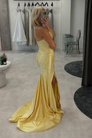 Load image into Gallery viewer, Sparkly Yellow Sweetheart Mermaid Satin Long Prom Dress with Beading