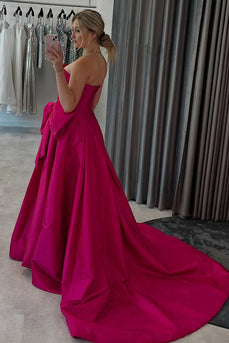 Fuchsia Satin Strapless Ruched A-Line Long Prom Dress with Bow