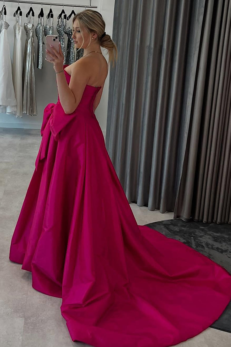 Load image into Gallery viewer, Fuchsia Satin Strapless Ruched A-Line Long Prom Dress with Bow
