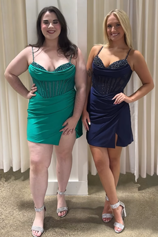 Sparkly Purple Spaghetti Straps Satin Tight Short Corset Prom Dress with Beading