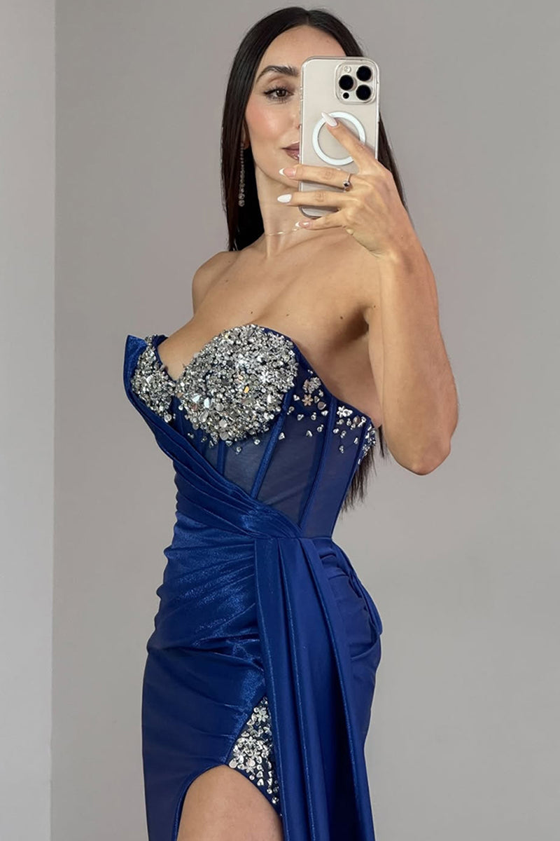 Load image into Gallery viewer, Sparkly Navy Satin Sweetheart Long Corset Prom Dress with Rhinestones