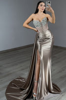 Load image into Gallery viewer, Sparkly Grey Mermaid Satin Long Corset Prom Dress with Slit