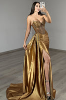 Load image into Gallery viewer, Sparkly Golden Mermaid Satin Beaded Long Corset Prom Dress with Slit