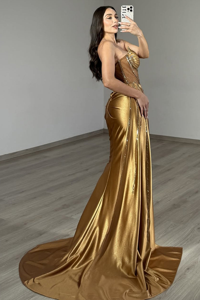 Load image into Gallery viewer, Sparkly Golden Mermaid Satin Beaded Long Corset Prom Dress with Slit