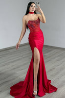 Load image into Gallery viewer, Sparkly Red Satin Strapless Long Corset Prom Dress with Slit