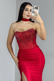 Sparkly Red Satin Strapless Long Corset Prom Dress with Slit
