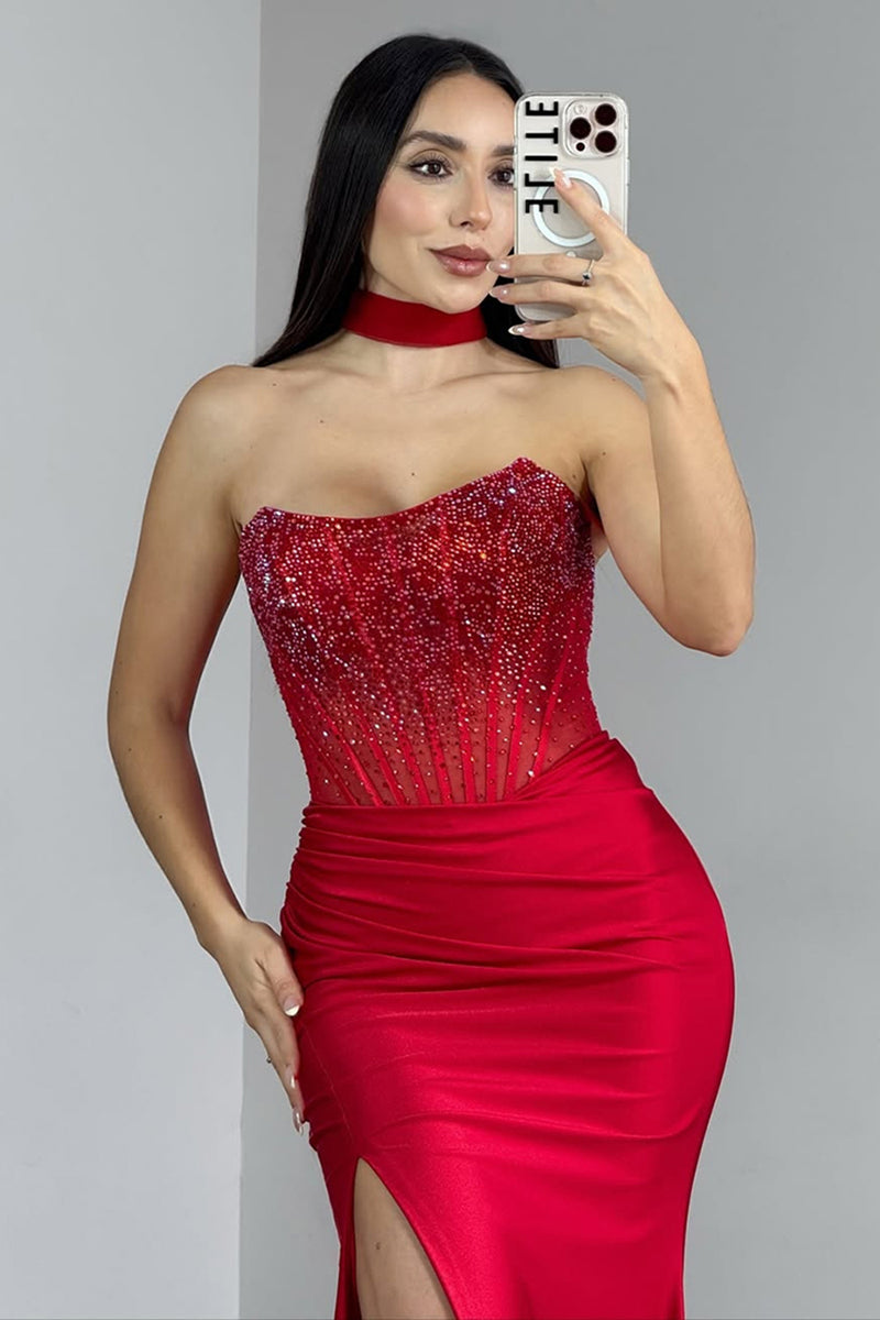 Load image into Gallery viewer, Sparkly Red Satin Strapless Long Corset Prom Dress with Slit