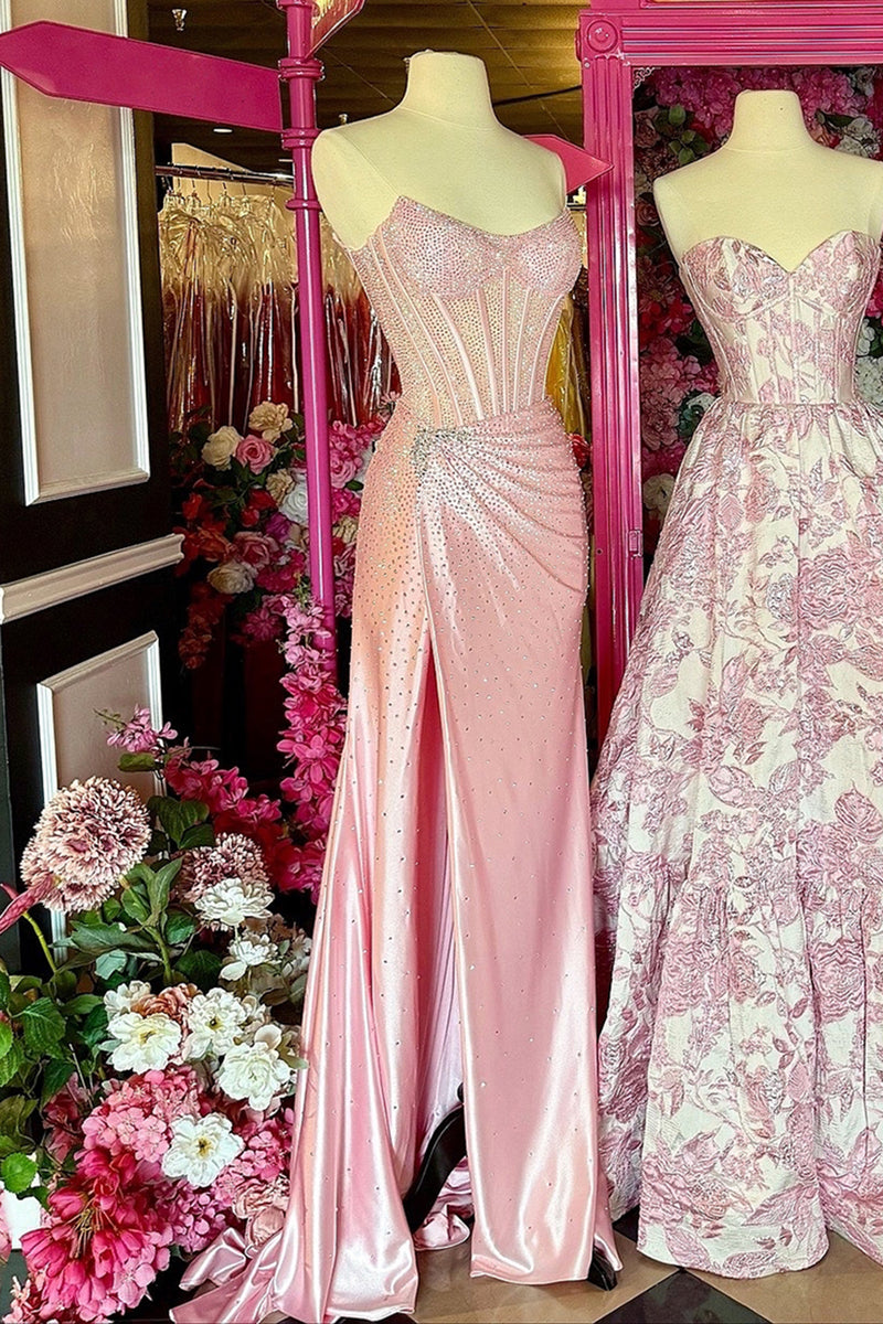 Load image into Gallery viewer, Sparkly Blush Sheath Satin Long Corset Ruched Prom Dress with Slit