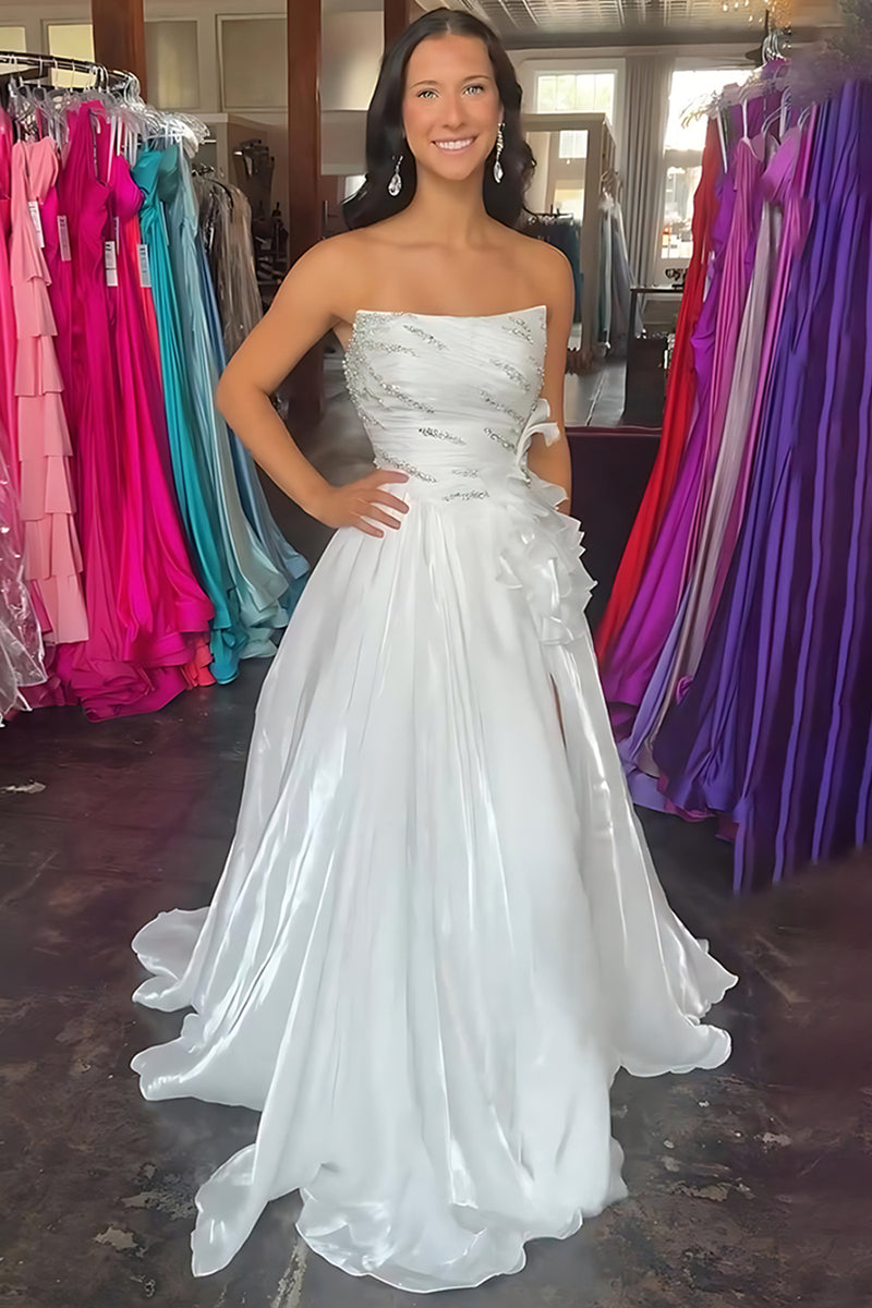 Load image into Gallery viewer, Sparkly Blue A Line Strapless Ruffled Long Prom Dress with Rhinestones