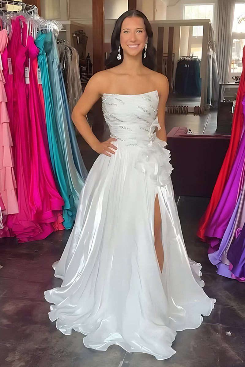 Load image into Gallery viewer, Sparkly Blue A Line Strapless Ruffled Long Prom Dress with Rhinestones