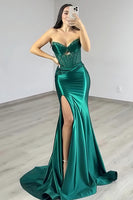 Load image into Gallery viewer, Women Sparkly Dark Green Satin Long Corset Prom Dress with Slit Mermaid Cut Out Beaded Evening Dress