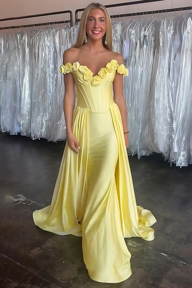 Load image into Gallery viewer, Yellow Floral Off the Shoulder Satin Long Corset Prom Dress with Cape