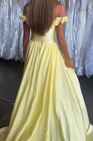 Load image into Gallery viewer, Yellow Floral Off the Shoulder Satin Long Corset Prom Dress with Cape