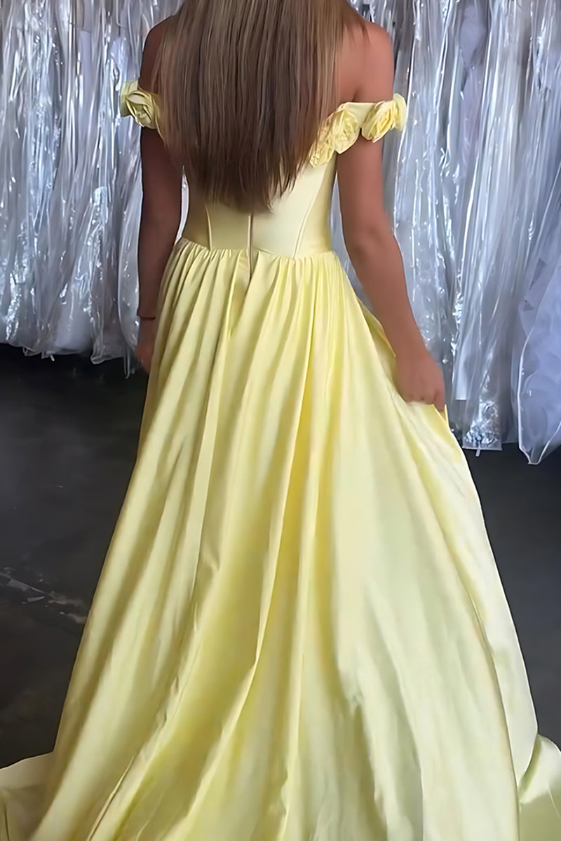 Load image into Gallery viewer, Yellow Floral Off the Shoulder Satin Long Corset Prom Dress with Cape